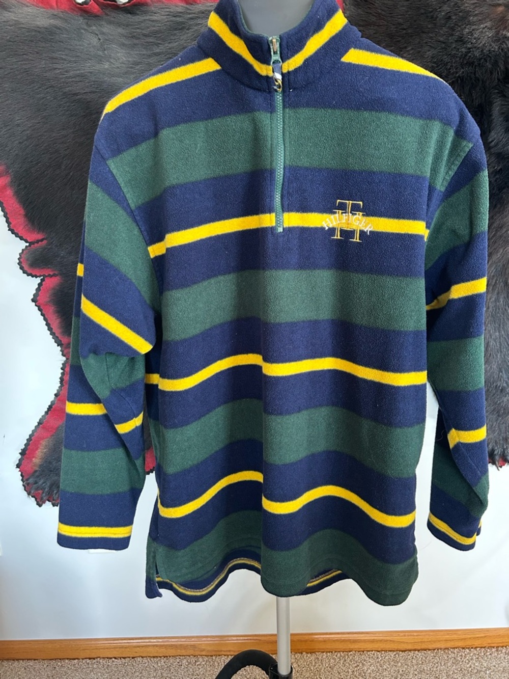 Tommy Hilfiger Men’s Navy/Green/Yellow Striped Half-Zip Sweater Terry Fleece